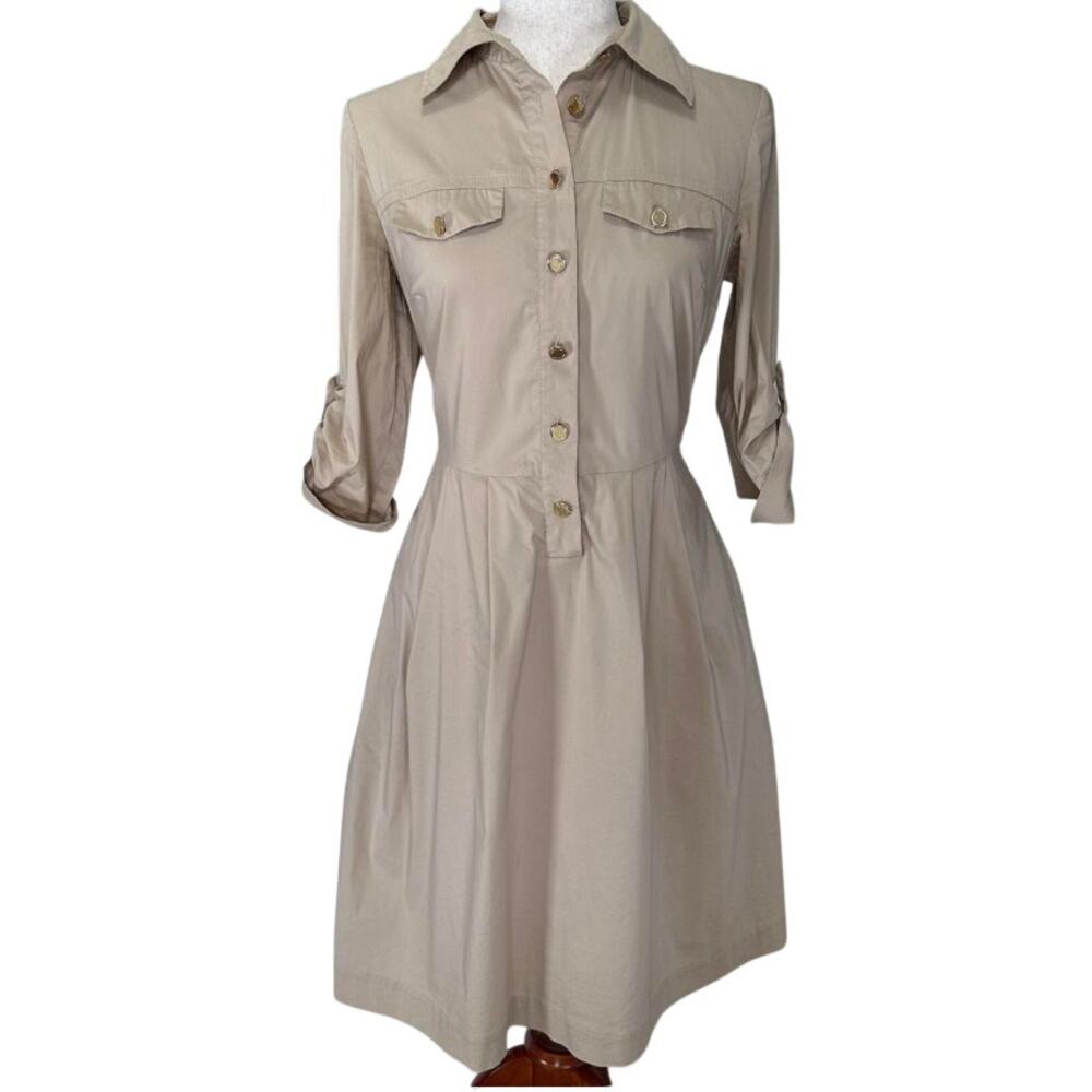 Tory Burch Tan Safari Shirt Dress Gold Buttons Pockets Midi Cotton Size 10